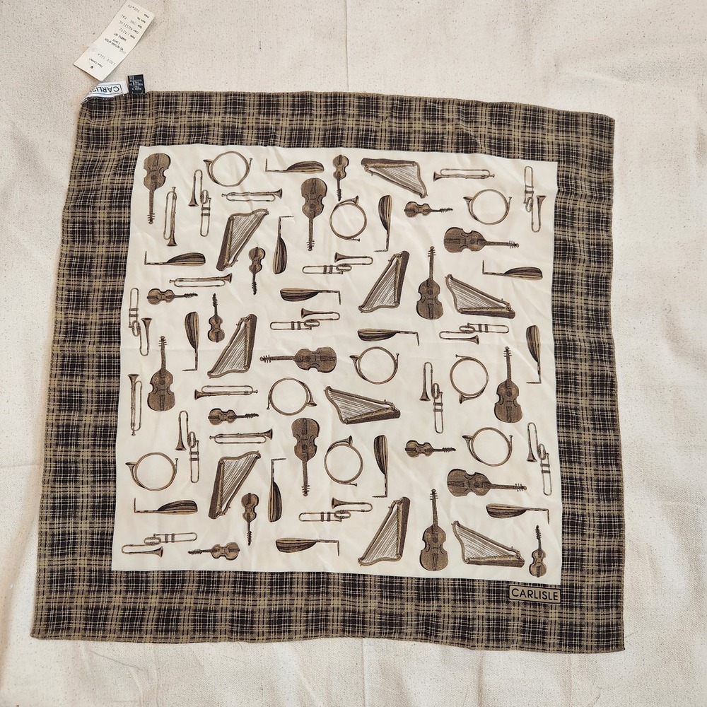 New Carlisle Silk Scarf Musical Instruments Print Plaid Brown Italy Vintage Nwt